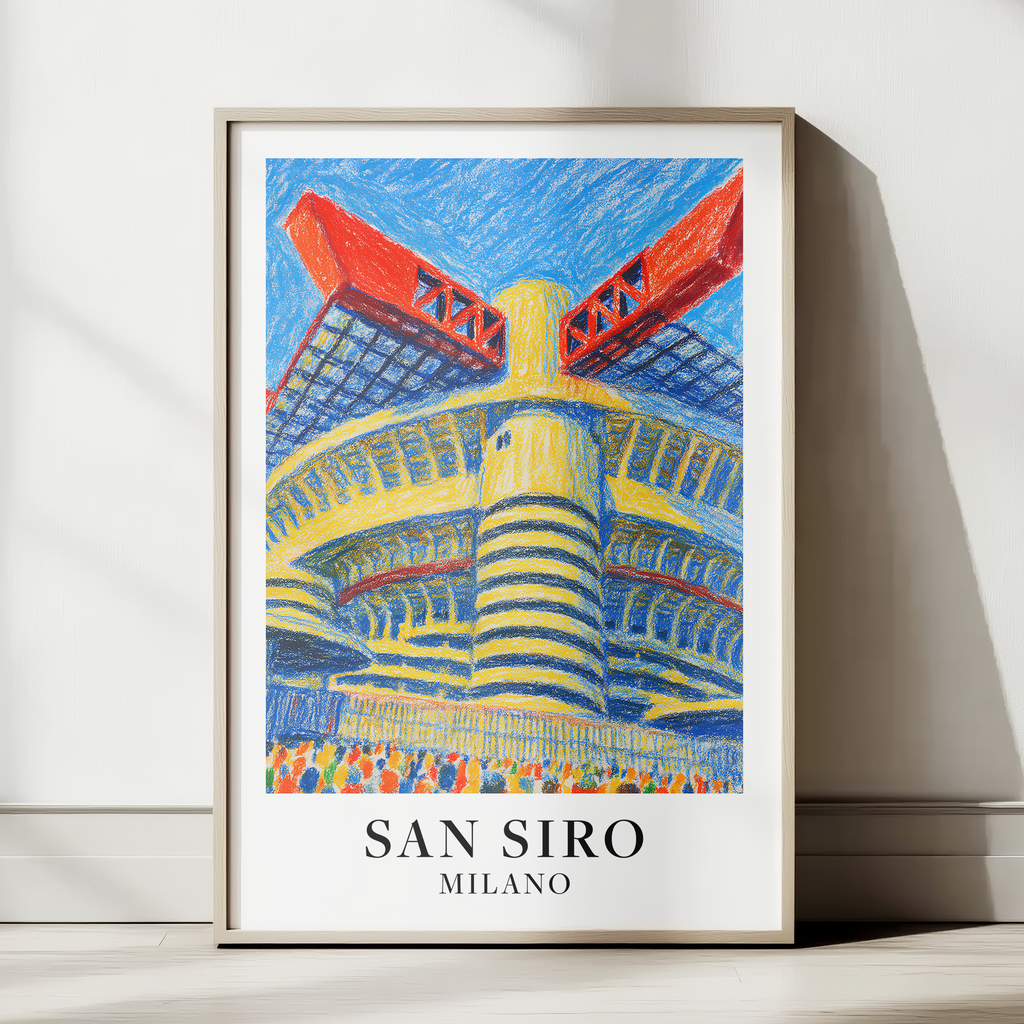 San Siro stadium art print – framed in wooden poster frame, soft indoor lighting