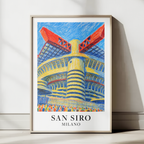 San Siro stadium art print – framed in wooden poster frame, soft indoor lighting
