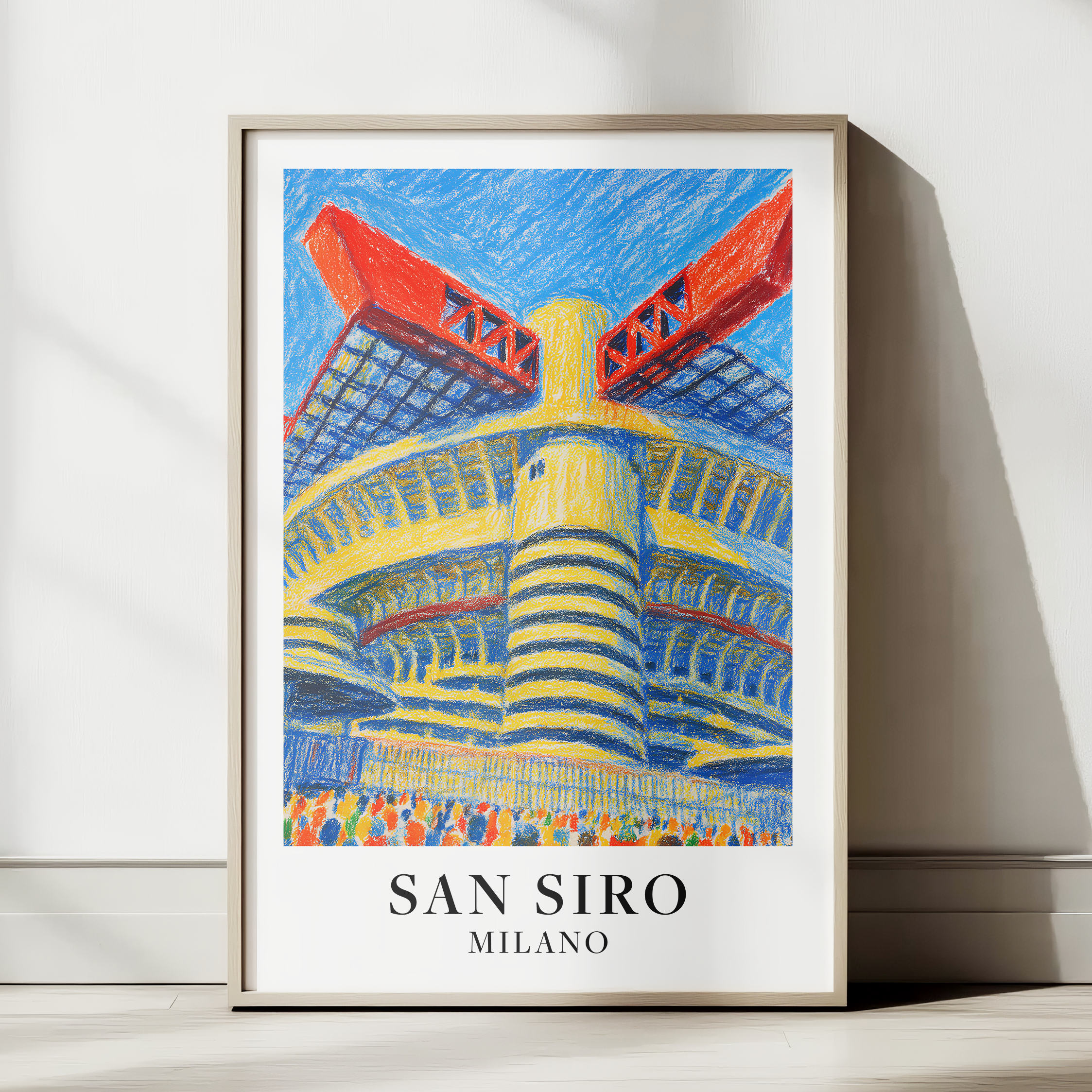 San Siro stadium art print – framed in wooden poster frame, soft indoor lighting