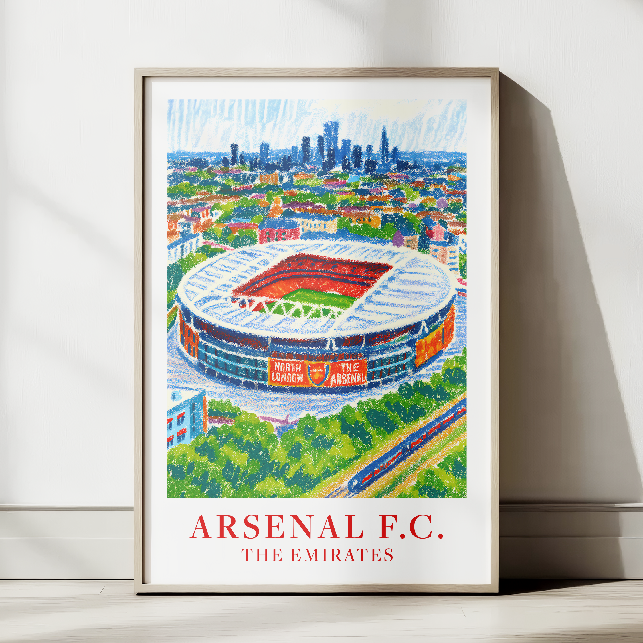 Arsenal Emirates Stadium art print – aerial view, styled room mockup