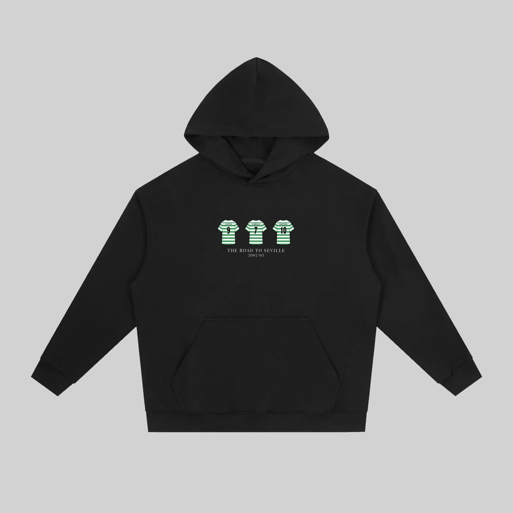 Relive Celtic’s unforgettable 2002/03 UEFA Cup run with this Road to Seville Hoodie, a tribute to the legendary team that captured hearts across Europe