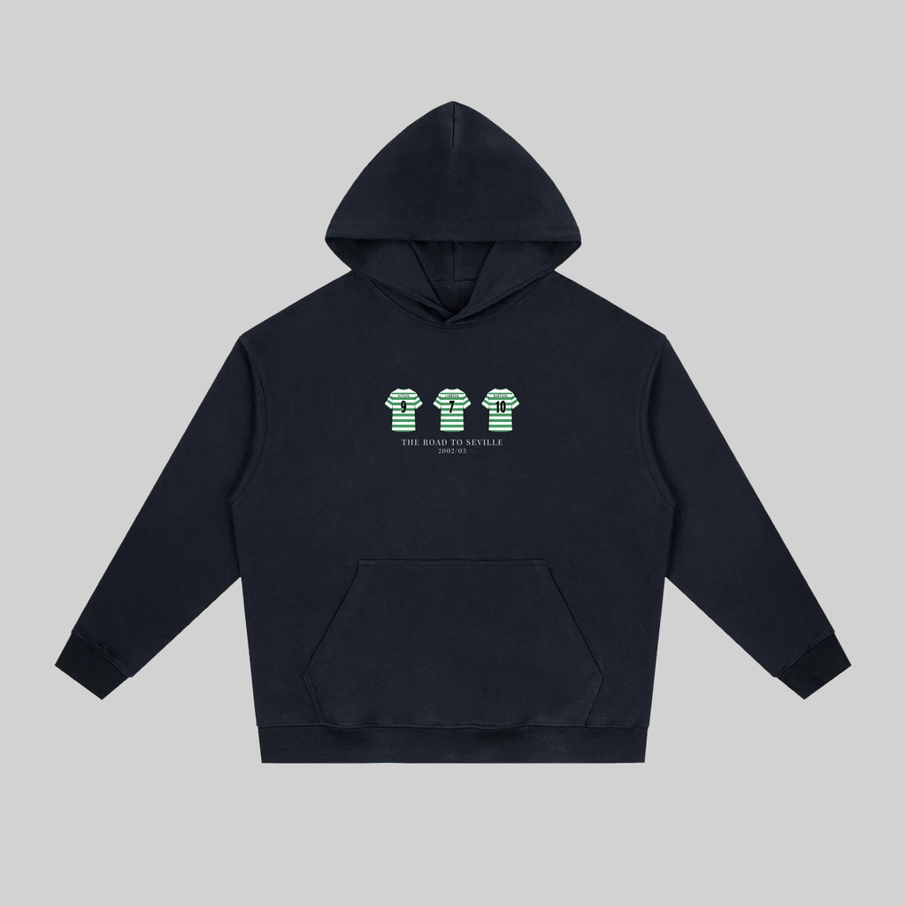 Relive Celtic’s unforgettable 2002/03 UEFA Cup run with this Road to Seville Hoodie, a tribute to the legendary team that captured hearts across Europe