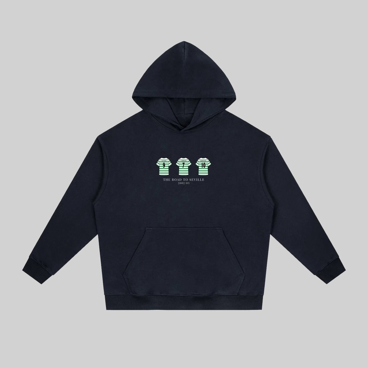 Relive Celtic’s unforgettable 2002/03 UEFA Cup run with this Road to Seville Hoodie, a tribute to the legendary team that captured hearts across Europe