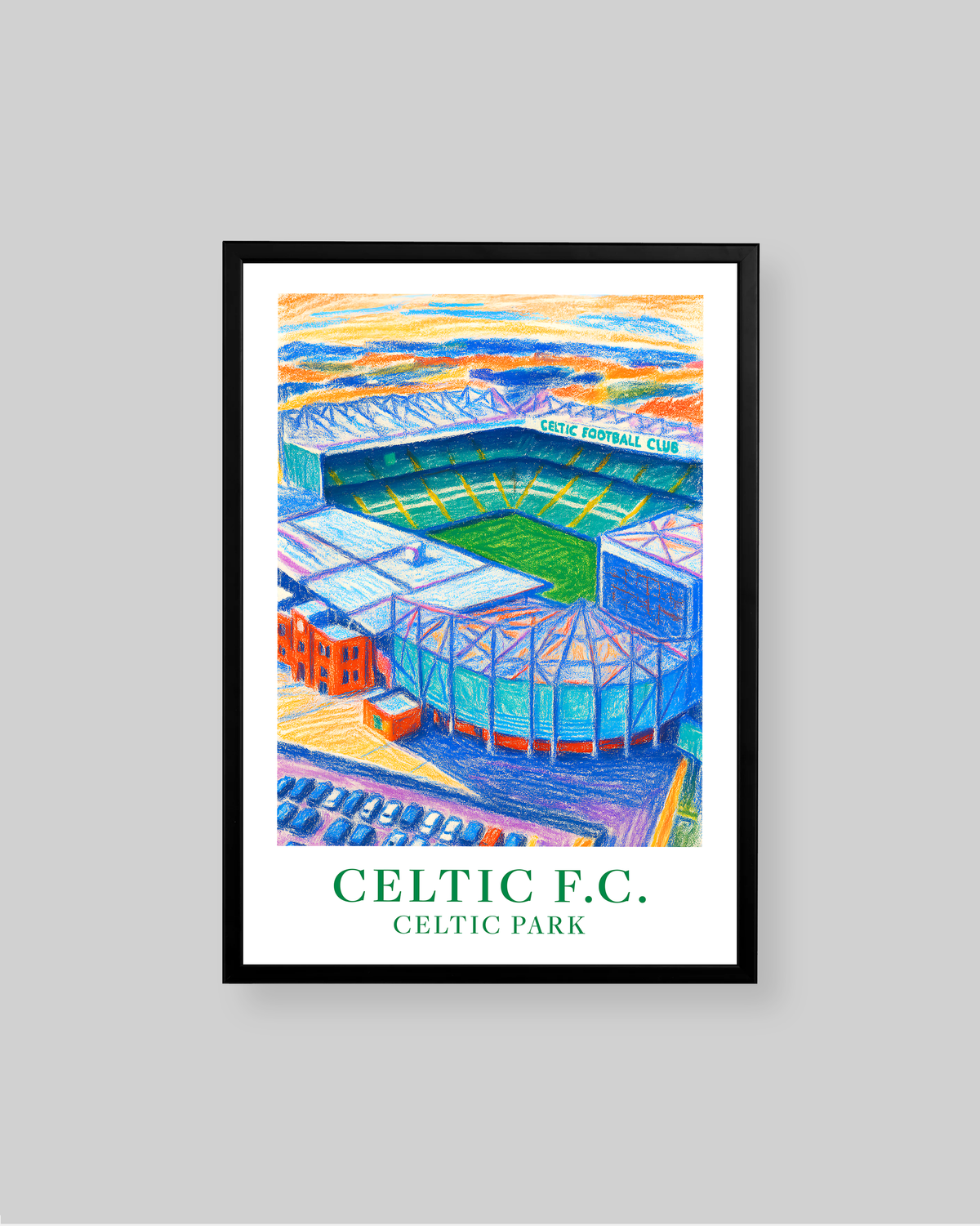 A framed art print of Celtic Park stadium in Edinburgh, Scotland, featuring a colorful hand-drawn illustration of the stadium with 'CELTIC F.C.