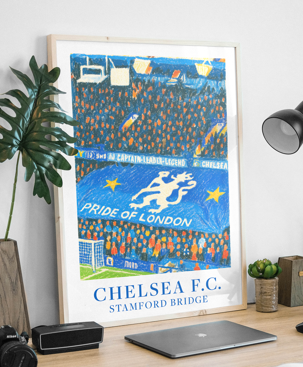 Chelsea Stamford Bridge stadium art print – styled room mockup