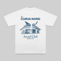 A white short-sleeve t-shirt with a blue graphic print on the back, featuring the text 'the CURVA NORD Social Club MILAN, ITALY' and an illustration of a stadium.
