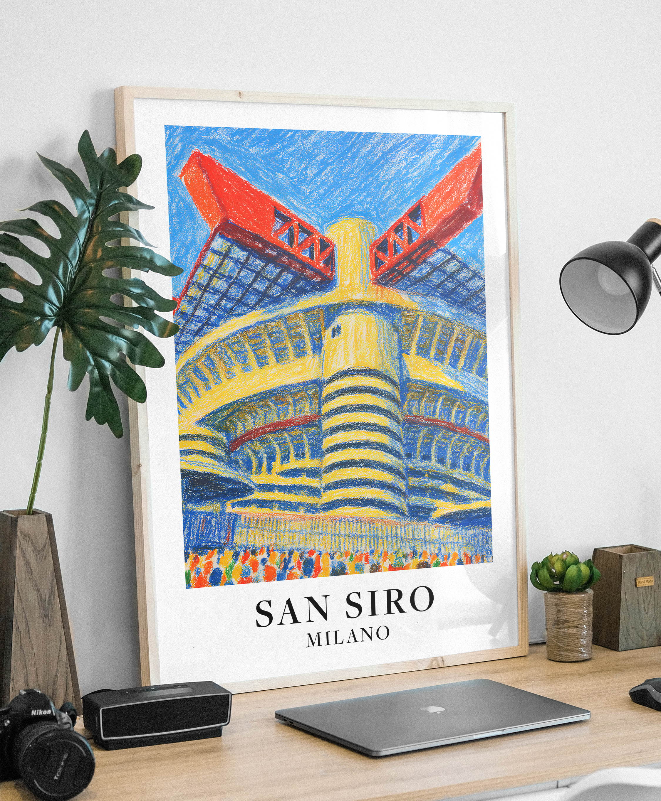 San Siro stadium art print – framed print on a desk