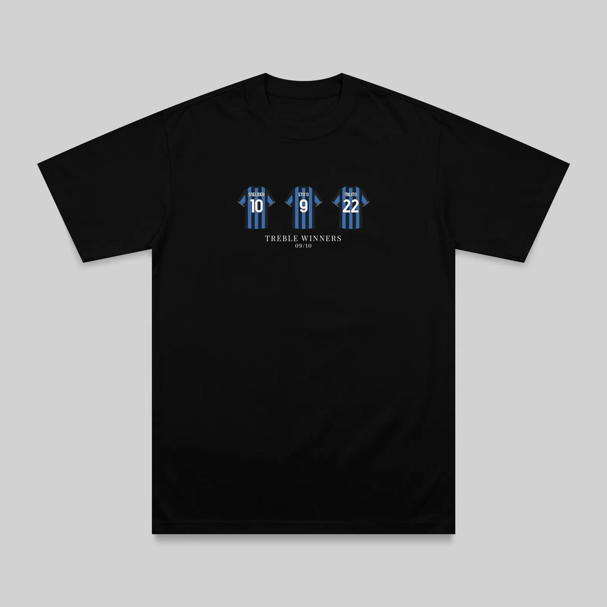 A black short-sleeve crewneck t-shirt with a graphic on the chest showing three blue and white striped hockey players wearing numbers 16, 18, and 22, with the text 'THREE WINNERS' and 'Vancouver' below it, displayed on a neutral gray background.