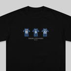 A black short-sleeve t-shirt with a graphic print of three blue and black striped soccer jerseys numbered 10, 9, and 22, with the text 'TREBLE WINNERS' and '09/10' printed below.