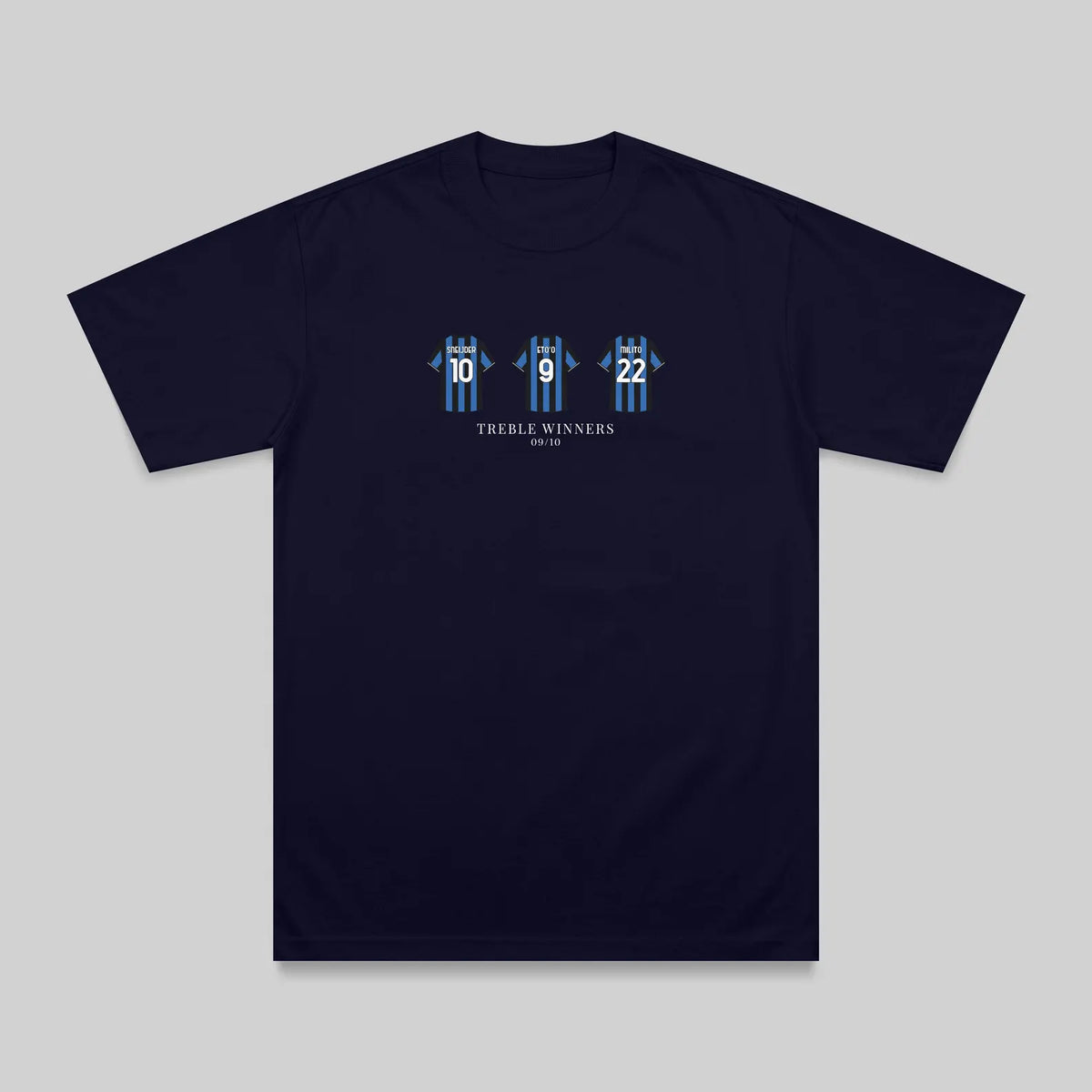 A navy blue short-sleeve t-shirt with a graphic on the chest showing three stylized blue and white figures with numbers 16, 8, and 2, and the text 'THREE WINNERS' underneath, displayed on a neutral gray background.