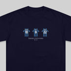 A navy blue crewneck t-shirt featuring a graphic of three blue and black striped soccer jerseys with the numbers 10, 9, and 22, above the text 'TREBLE WINNERS' and '09/10'.