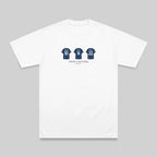 A white short-sleeve crewneck t-shirt with a graphic on the chest showing three blue and black striped jerseys with the number 15, and the text 'TREBLE WINNERS' underneath, displayed on a neutral gray background.