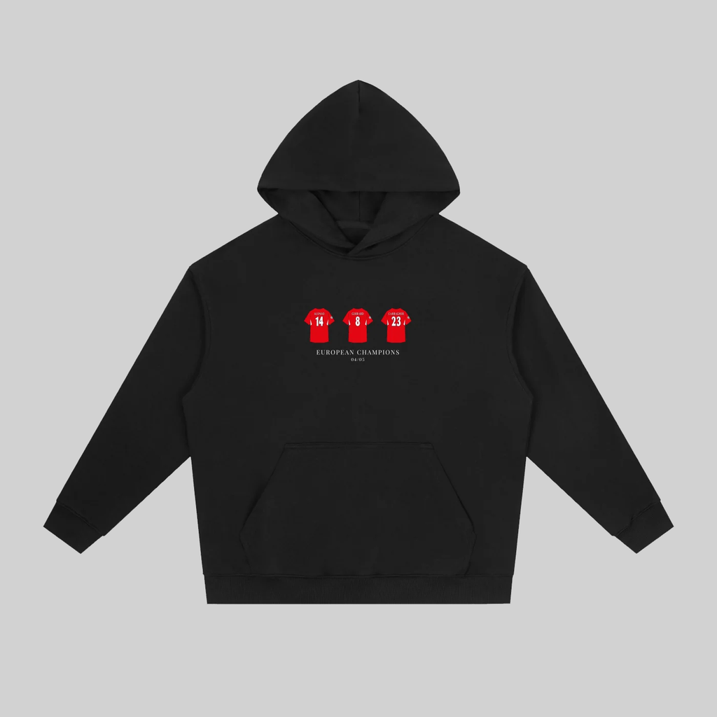 A black pullover hoodie with a front kangaroo pocket and a chest graphic showing three red boxing gloves with the number 14 and the text 'EUROPEAN CHAMPIONS 14'. The hoodie is displayed flat against a solid gray background.