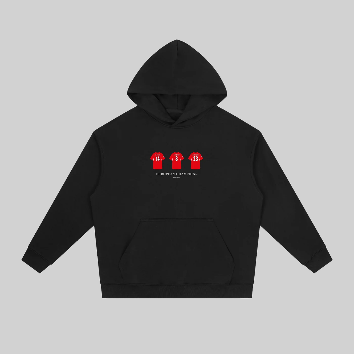 A black pullover hoodie with a front kangaroo pocket and a chest graphic showing three red boxing gloves with the number 14 and the text 'EUROPEAN CHAMPIONS 14'. The hoodie is displayed flat against a solid gray background.