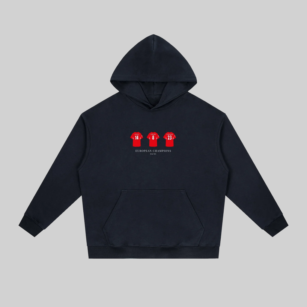 A dark navy blue pullover hoodie with a front kangaroo pocket and a chest graphic showing three red boxing gloves with the number 11 and the text 'EUROPEAN CHAMPIONS 2024'. The hoodie is displayed flat against a solid light gray background.