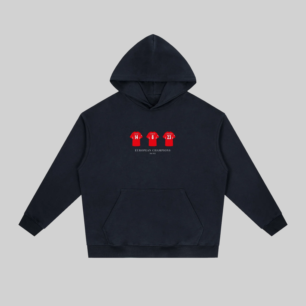 A dark navy blue pullover hoodie with a front kangaroo pocket and a chest graphic showing three red boxing gloves with the number 11 and the text 'EUROPEAN CHAMPIONS 2024'. The hoodie is displayed flat against a solid light gray background.