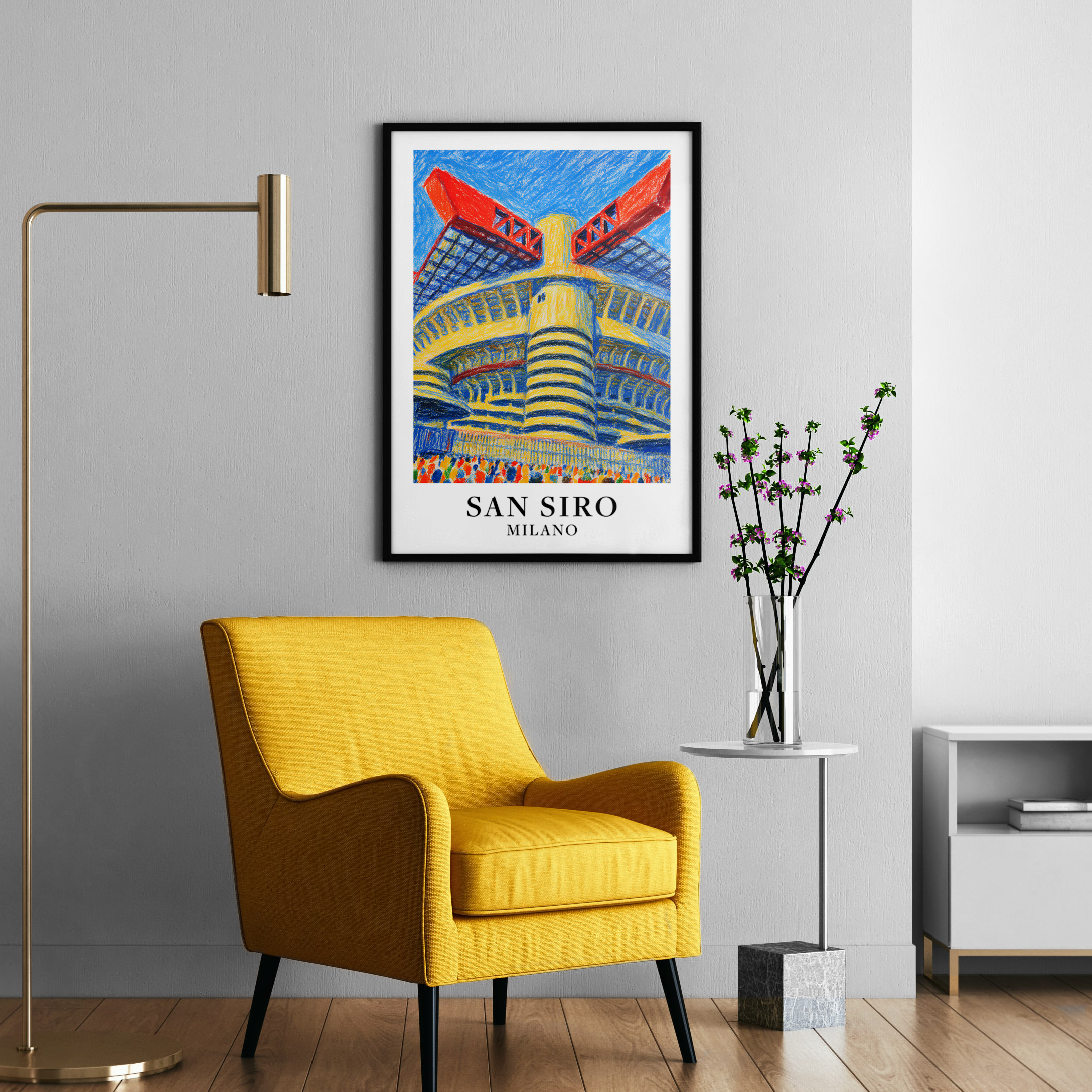 San Siro stadium art print – styled in a living room mockup