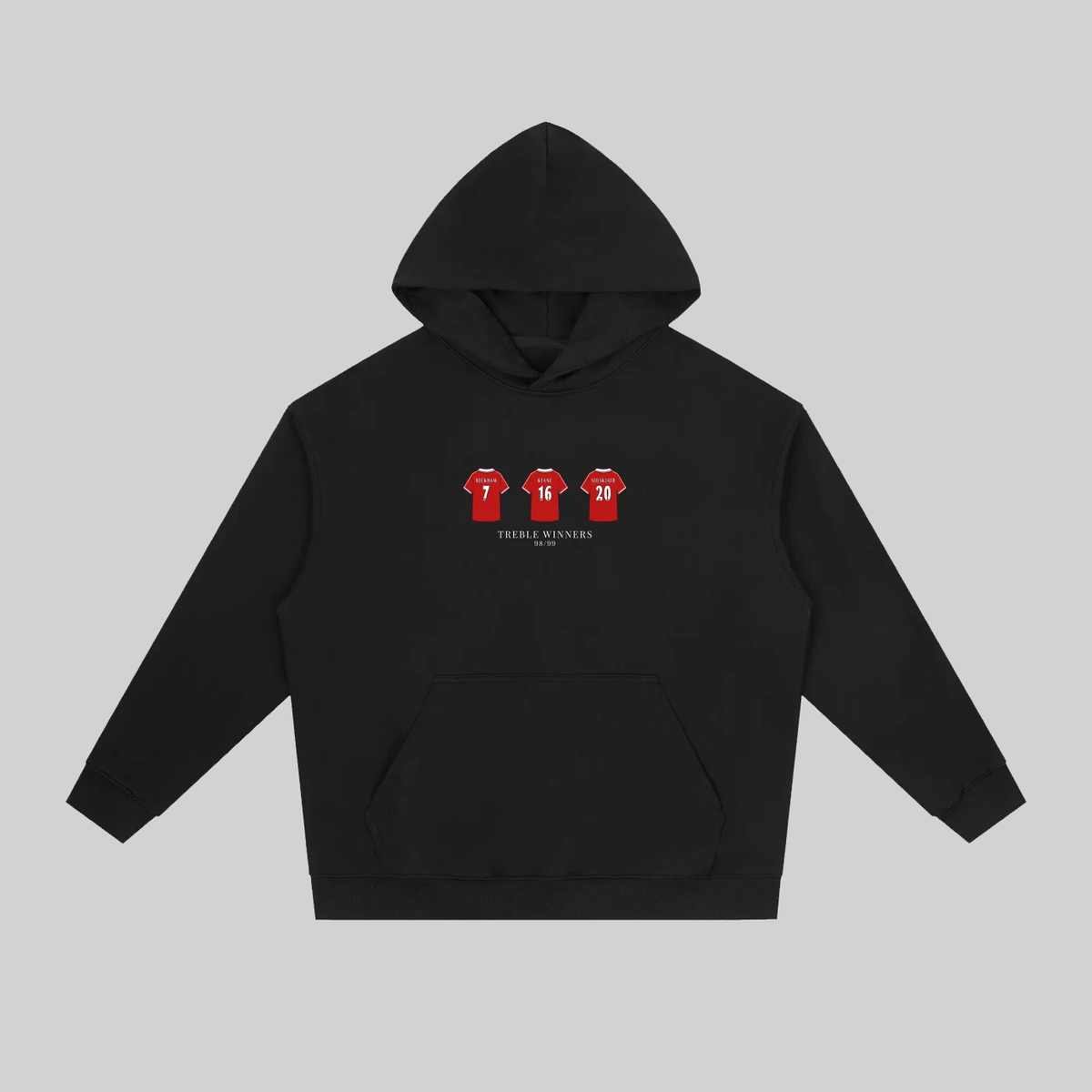 A black pullover hoodie with a front kangaroo pocket and a small chest graphic showing three red soccer jerseys with white numbers. The hoodie is displayed flat against a solid gray background.