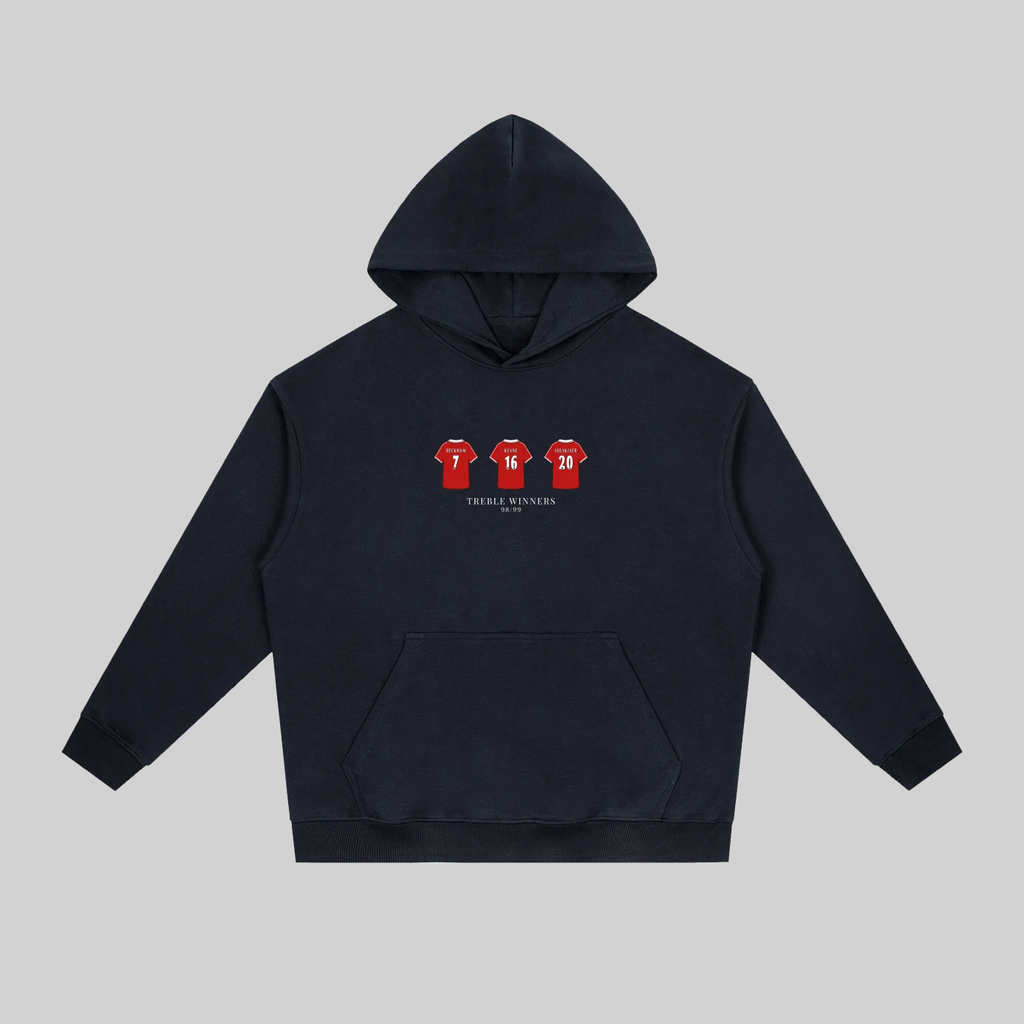A dark navy blue pullover hoodie with a front kangaroo pocket, featuring a graphic of three red football jerseys with white numbers on the chest, and the text underneath. The hoodie is displayed flat against a solid light gray background.