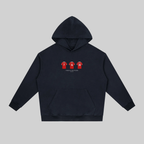 A dark navy blue pullover hoodie with a front kangaroo pocket, featuring a graphic of three red football jerseys with white numbers on the chest, and the text underneath. The hoodie is displayed flat against a solid light gray background.