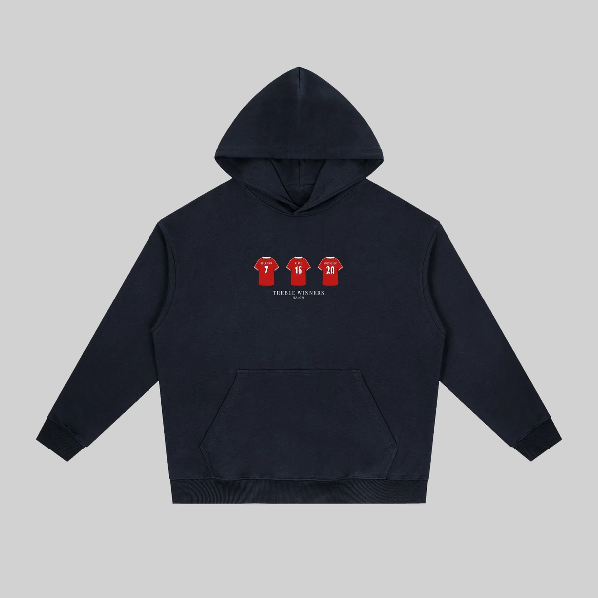 A dark navy blue pullover hoodie with a front kangaroo pocket, featuring a graphic of three red football jerseys with white numbers on the chest, and the text underneath. The hoodie is displayed flat against a solid light gray background.