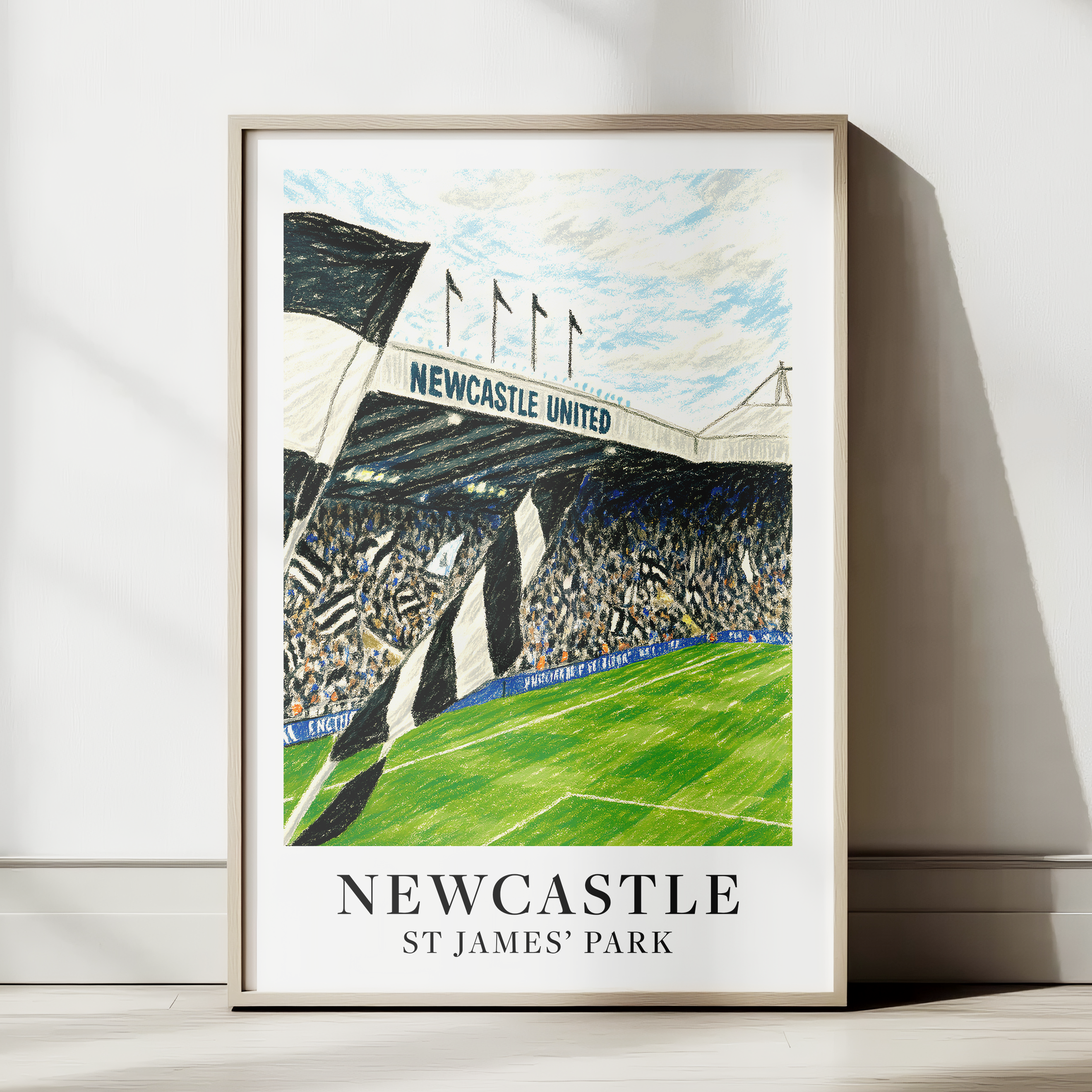 Newcastle United St James' Park stadium art print – styled room mockup