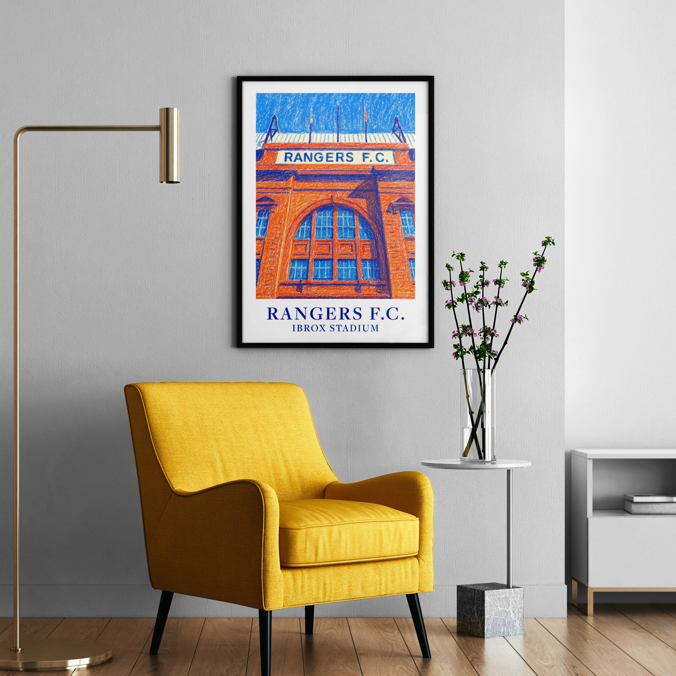 Rangers Ibrox Stadium art print – styled room mockup