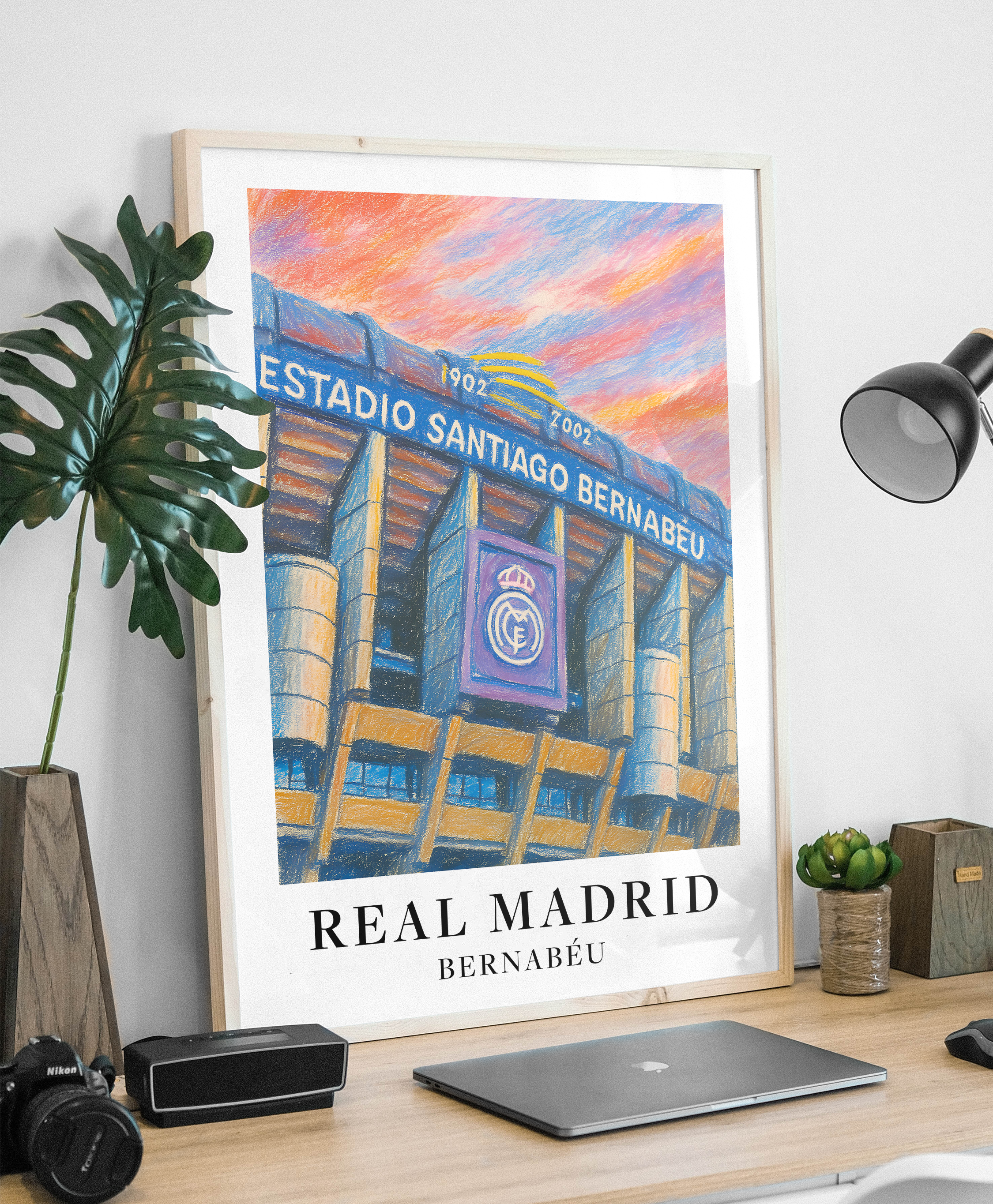 Real Madrid Santiago Bernabéu stadium art print – styled room mockup