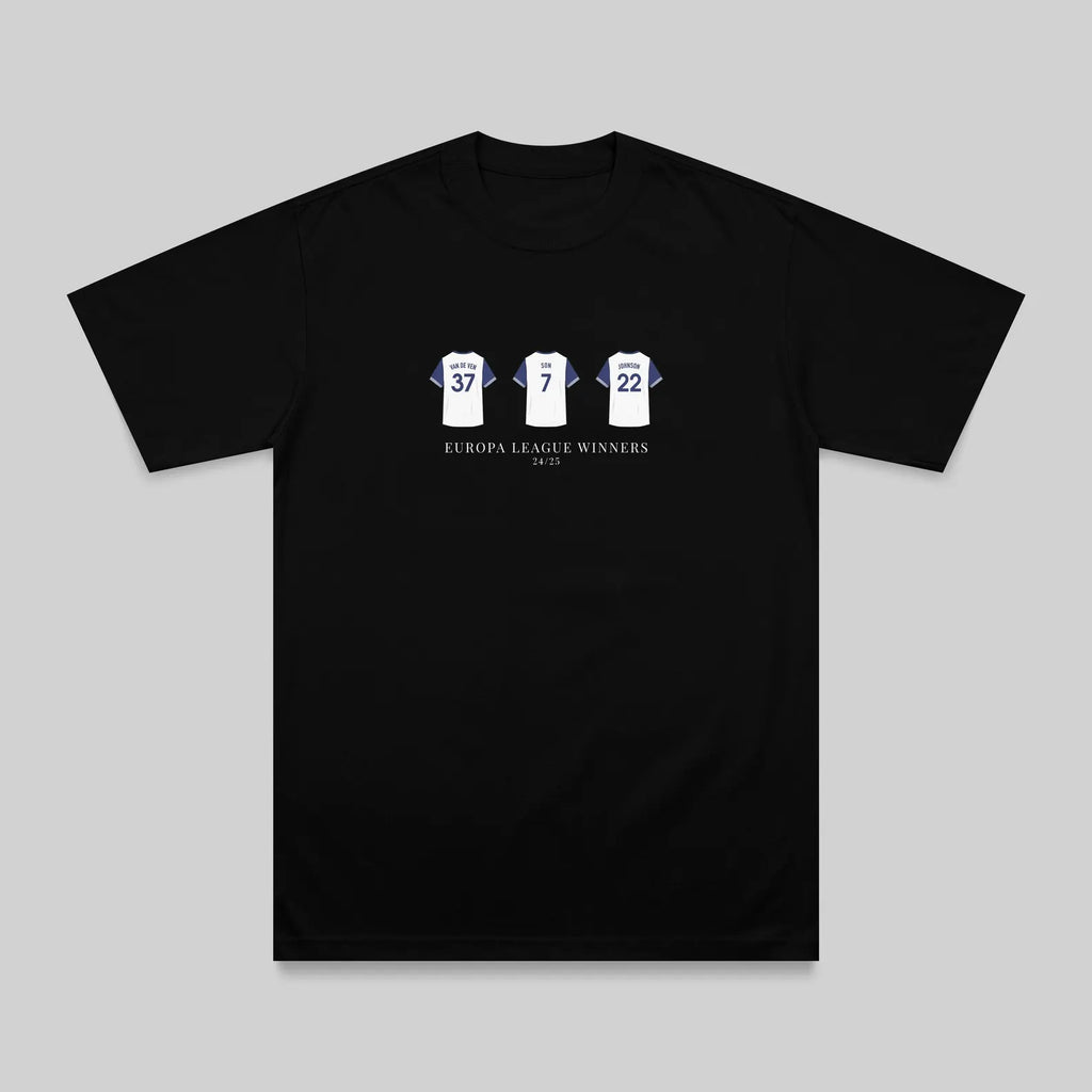 A black short-sleeve crewneck t-shirt with a graphic on the chest showing three white football jerseys with blue numbers (37, 5, 22) and the text 'EUROPA LEAGUE WINNERS 2020' underneath, displayed on a neutral gray background.