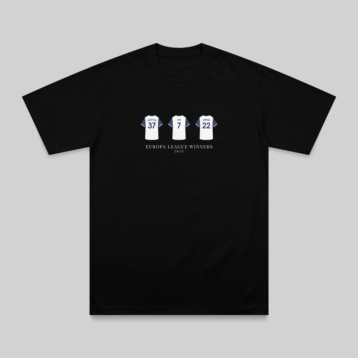 A black short-sleeve crewneck t-shirt with a graphic on the chest showing three white football jerseys with blue numbers (37, 5, 22) and the text 'EUROPA LEAGUE WINNERS 2020' underneath, displayed on a neutral gray background.