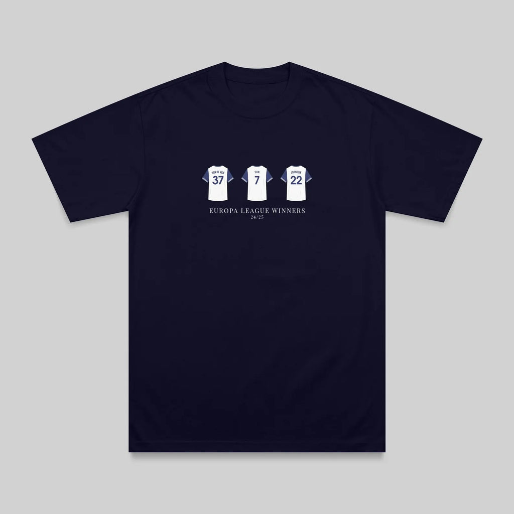 A dark navy blue short-sleeve t-shirt with a white graphic on the chest showing three soccer jerseys with numbers 37, 7, and 22, and the text 'EUROPA LEAGUE WINNERS 2020-2024'.