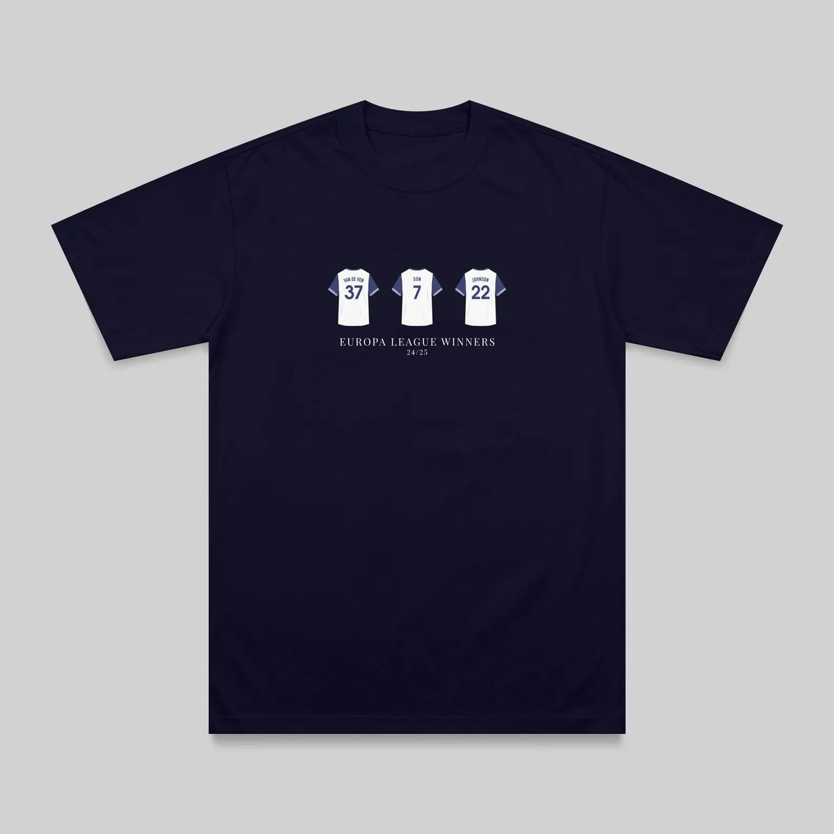A dark navy blue short-sleeve t-shirt with a white graphic on the chest showing three soccer jerseys with numbers 37, 7, and 22, and the text 'EUROPA LEAGUE WINNERS 2020-2024'.