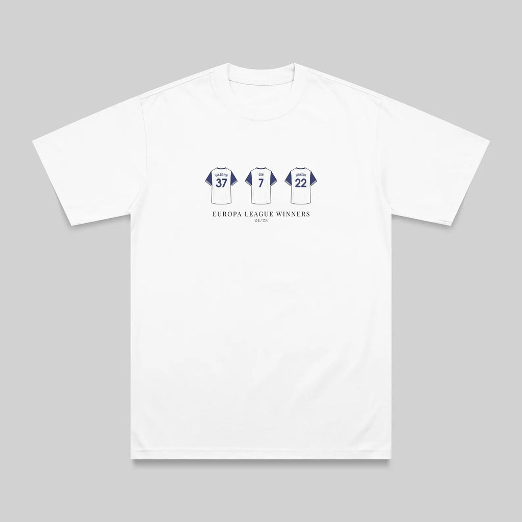 A white short-sleeve crewneck t-shirt with a dark blue graphic on the chest depicting three soccer jerseys numbered 37, 7, and 22, with the text 'EUROPA LEAGUE WINNERS 2020' underneath, shown on a neutral gray background.