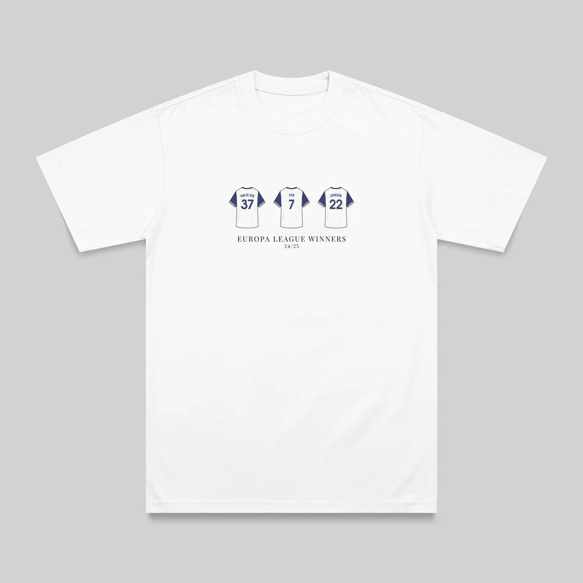 A white short-sleeve crewneck t-shirt with a dark blue graphic on the chest depicting three soccer jerseys numbered 37, 7, and 22, with the text 'EUROPA LEAGUE WINNERS 2020' underneath, shown on a neutral gray background.