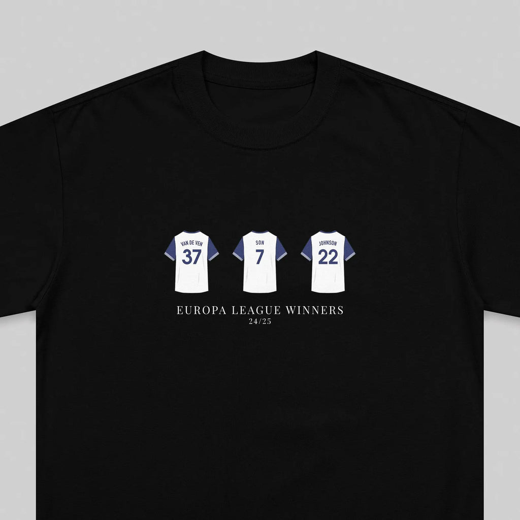 A black short-sleeve crewneck t-shirt featuring a graphic print of three white football jerseys with blue accents, displaying the names and numbers of Sporting CP players (Ribeiro 37, Silva 7, and Costa 22) under the text 'EUROPA LEAGUE WINNERS 24/25'.