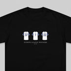 A black short-sleeve crewneck t-shirt featuring a graphic print of three white football jerseys with blue accents, displaying the names and numbers of Sporting CP players (Ribeiro 37, Silva 7, and Costa 22) under the text 'EUROPA LEAGUE WINNERS 24/25'.