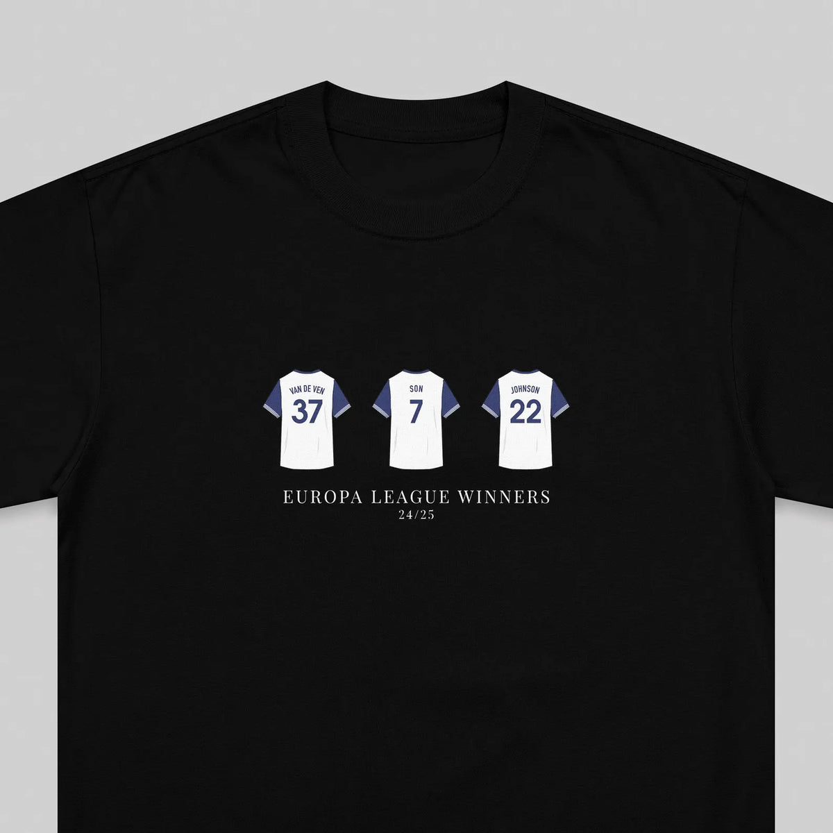 A black short-sleeve crewneck t-shirt featuring a graphic print of three white football jerseys with blue accents, displaying the names and numbers of Sporting CP players (Ribeiro 37, Silva 7, and Costa 22) under the text 'EUROPA LEAGUE WINNERS 24/25'.
