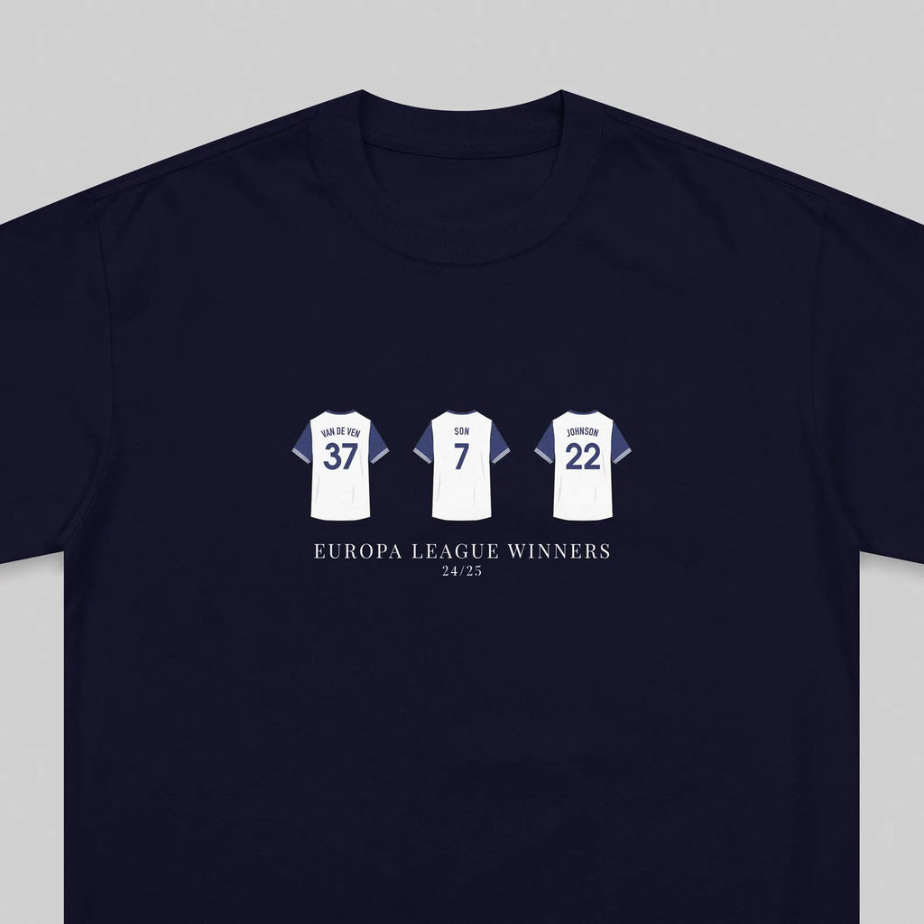 A navy blue crewneck t-shirt featuring a graphic print of three white football jerseys with the numbers 37, 7, and 22, above the text 'EUROPA LEAGUE WINNERS 24/25'.