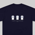 A navy blue crewneck t-shirt featuring a graphic print of three white football jerseys with the numbers 37, 7, and 22, above the text 'EUROPA LEAGUE WINNERS 24/25'.