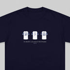 A navy blue crewneck t-shirt featuring a graphic print of three white football jerseys with the numbers 37, 7, and 22, above the text 'EUROPA LEAGUE WINNERS 24/25'.