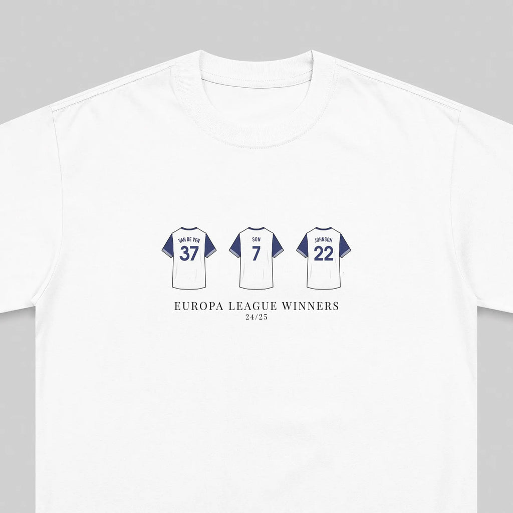 White short-sleeve crewneck t-shirt featuring a graphic print of three football jerseys with the UEFA Champions League winners' numbers 37, 7, and 22, with the text 'EUROPA LEAGUE WINNERS 2024/25' printed below.