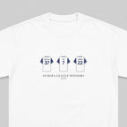 White short-sleeve crewneck t-shirt featuring a graphic print of three football jerseys with the UEFA Champions League winners' numbers 37, 7, and 22, with the text 'EUROPA LEAGUE WINNERS 2024/25' printed below.