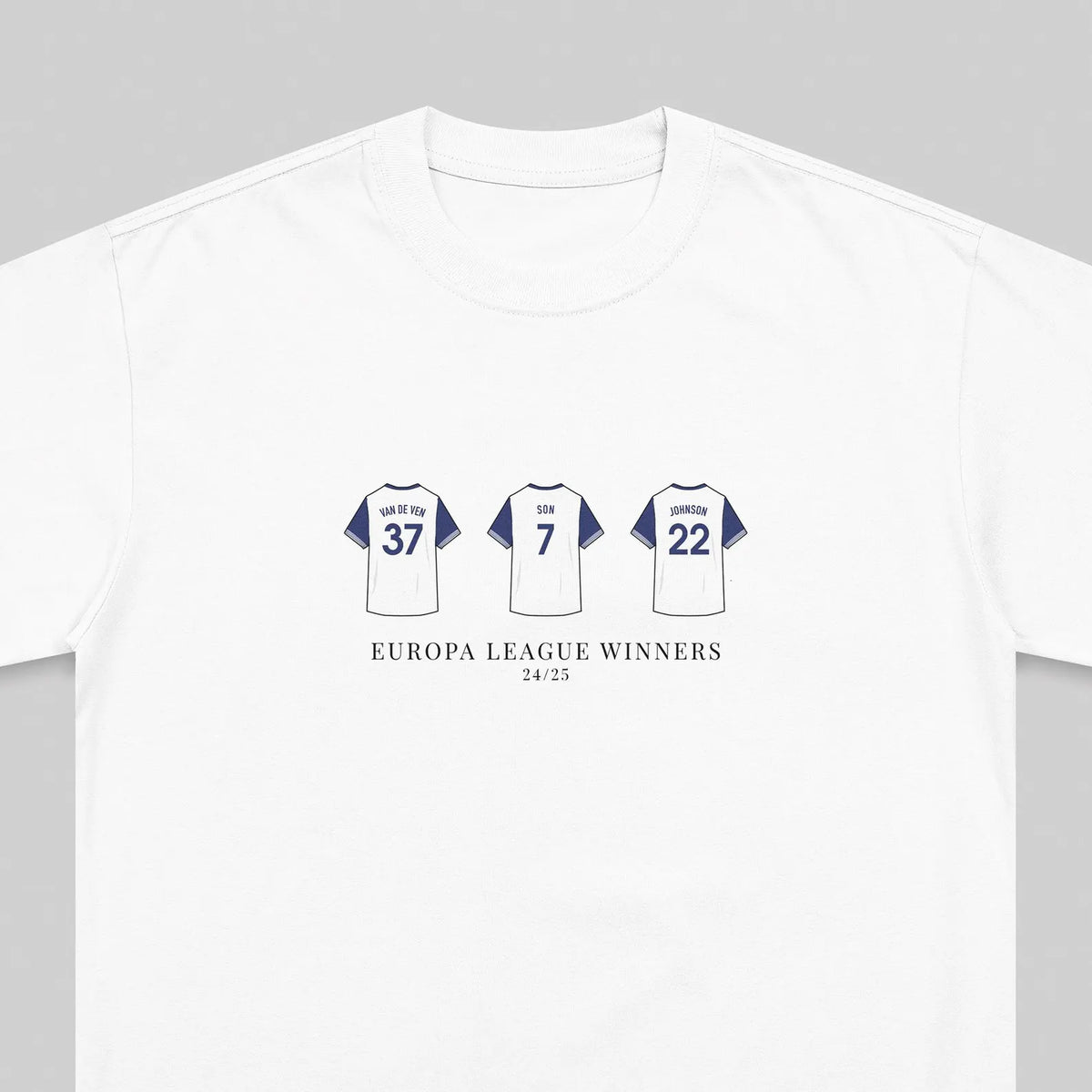 White short-sleeve crewneck t-shirt featuring a graphic print of three football jerseys with the UEFA Champions League winners' numbers 37, 7, and 22, with the text 'EUROPA LEAGUE WINNERS 2024/25' printed below.