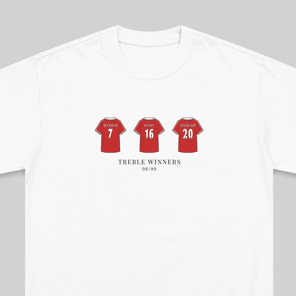 Manchester United 98/99 Treble Winners embroidered t-shirt in white – close-up detail