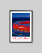 A framed poster featuring an impressionistic painting of the Allianz Arena stadium in Munich, with a black frame and white mat on a light gray background.