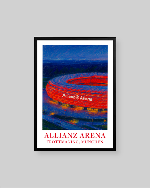 A framed poster featuring an impressionistic painting of the Allianz Arena stadium in Munich, with a black frame and white mat on a light gray background.