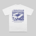 A white short-sleeve t-shirt with a blue graphic print on the back, featuring the text 'the PEOPLE'S CLUB' and 'GOODINSON'S FAITHFUL' surrounding an illustration of a stadium.