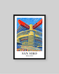A framed art print of the San Siro stadium in Milan, Italy, featuring a colorful hand-drawn style illustration of the stadium under a blue sky, with 'SAN SIRO MILANO' printed at the bottom. The print is housed in a black frame and is displayed against a solid gray background.